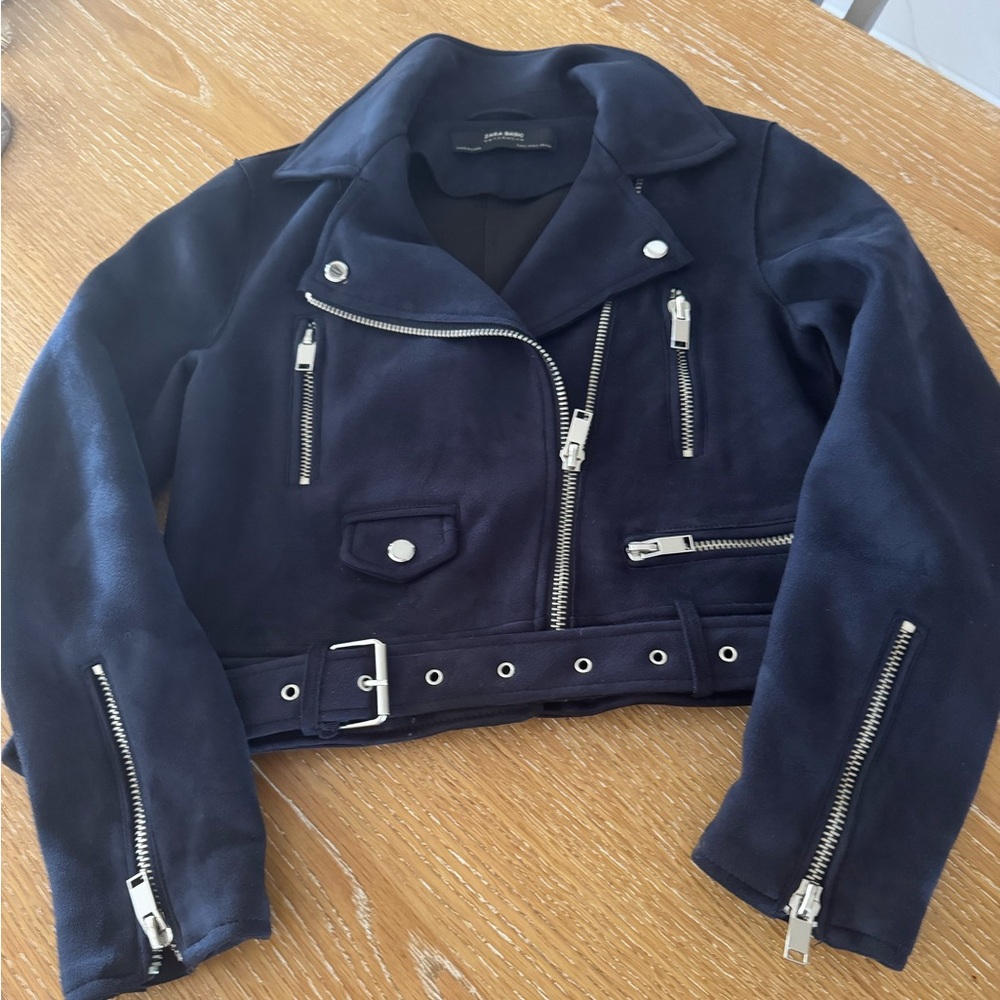 Zara Midnight Blue Micro Suede Jacket with Silver Zippers